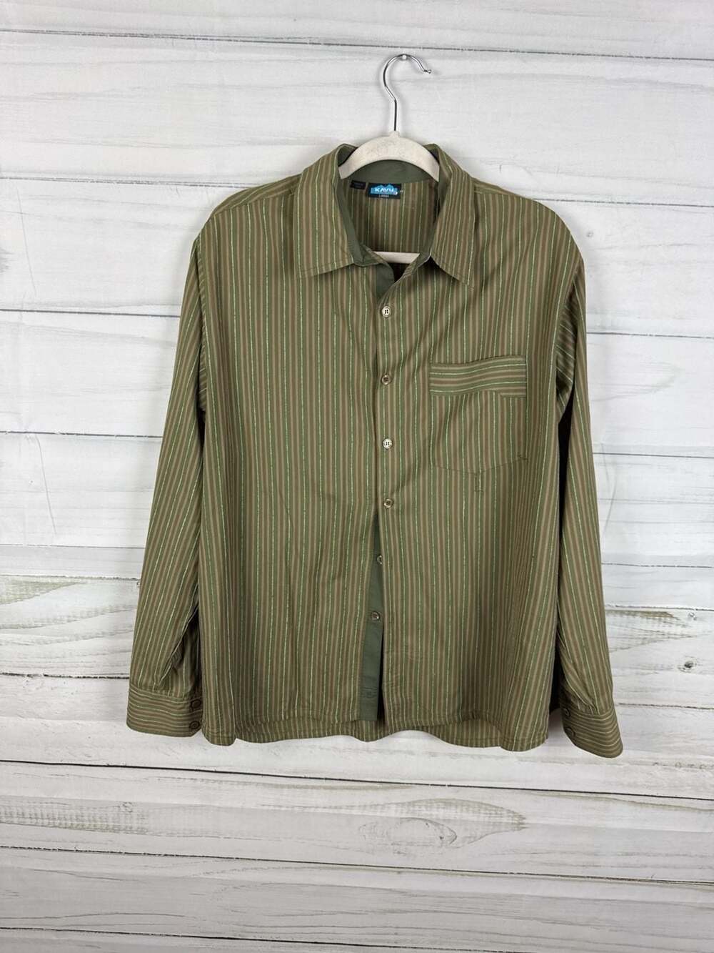 KAVU Men's Large Green Striped Long Sleeve Outdoor Button Up Shirt